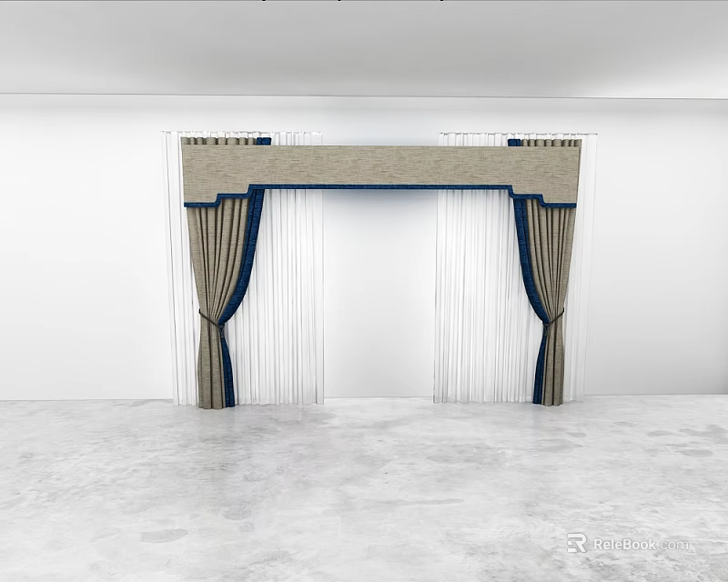 Elegant Curtain With Decorative Valance Dark Panels White Sheer In White Room Gray Floor 3d model 