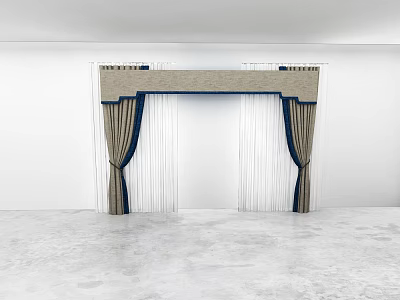 Elegant Curtain With Decorative Valance Dark Panels White Sheer In White Room Gray Floor 3d model