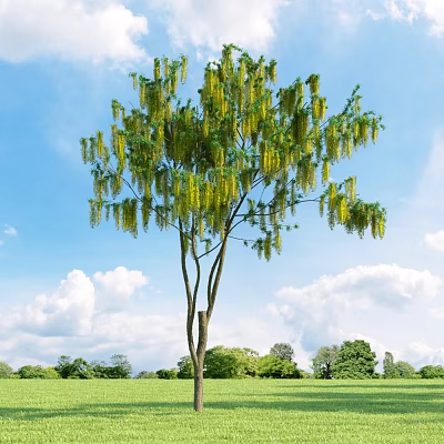 Tall Arbor With Yellow Hanging Flowers Against Blue Sky And Green Meadow 3d model