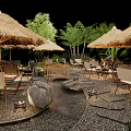 Outdoor Café With Straw Umbrellas Japanese Signage Green Plants And Stone Path