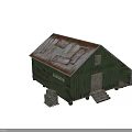 Aged Green Wooden Barn With Rusted Roof Walls GOODS Sign And Wooden Door Steps
