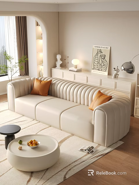 Modern Living Room With White Curved Sofa Orange Cushions TV Cabinet And Green Plant 3d model 