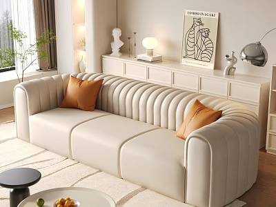 Modern Living Room With White Curved Sofa Orange Cushions TV Cabinet And Green Plant 3d model