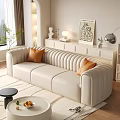 Modern Living Room With White Curved Sofa Orange Cushions TV Cabinet And Green Plant
