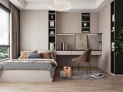 Modern Tatami Bedroom With Built in Shelves Desk Chair And Wooden Floor 3d model