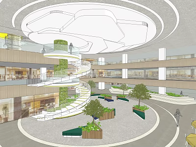 Modern Indoor Atrium Space With Spiral Staircase Multi Level Design Green Plants And Circular Ceiling 3d model