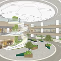 Modern Indoor Atrium Space With Spiral Staircase Multi Level Design Green Plants And Circular Ceiling