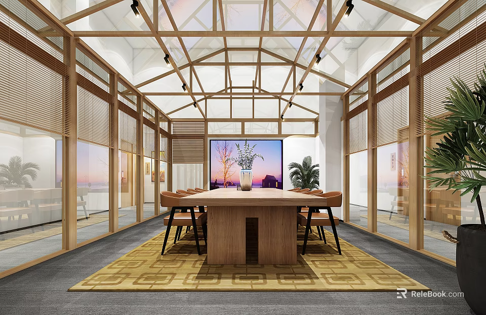 Spacious Hotel Public Lounge Interior With Wooden Table Vase Flowers Yellow Rug And Glass Walls 3d model 