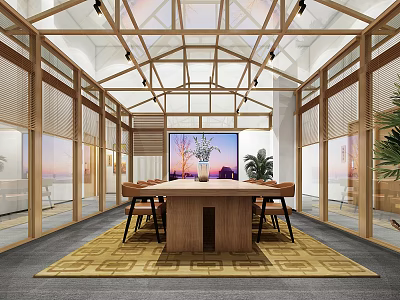 Spacious Hotel Public Lounge Interior With Wooden Table Vase Flowers Yellow Rug And Glass Walls 3d model