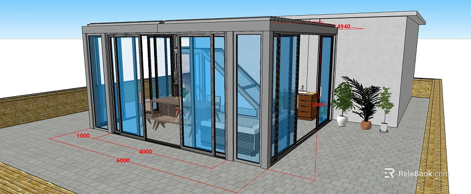 Modern Glass Garden Conservatory With Table Chairs And Outdoor Plants 3d model 
