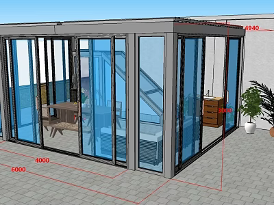 Modern Glass Garden Conservatory With Table Chairs And Outdoor Plants 3d model