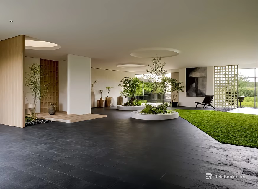 Modern Courtyard Garden Design With Black Slate Floor Green Lawn Plants And Wooden Partition Chair 3d model 