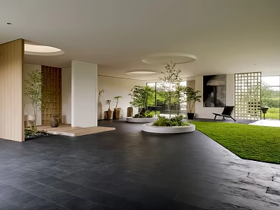 Modern Courtyard Garden Design With Black Slate Floor Green Lawn Plants And Wooden Partition Chair 3d model