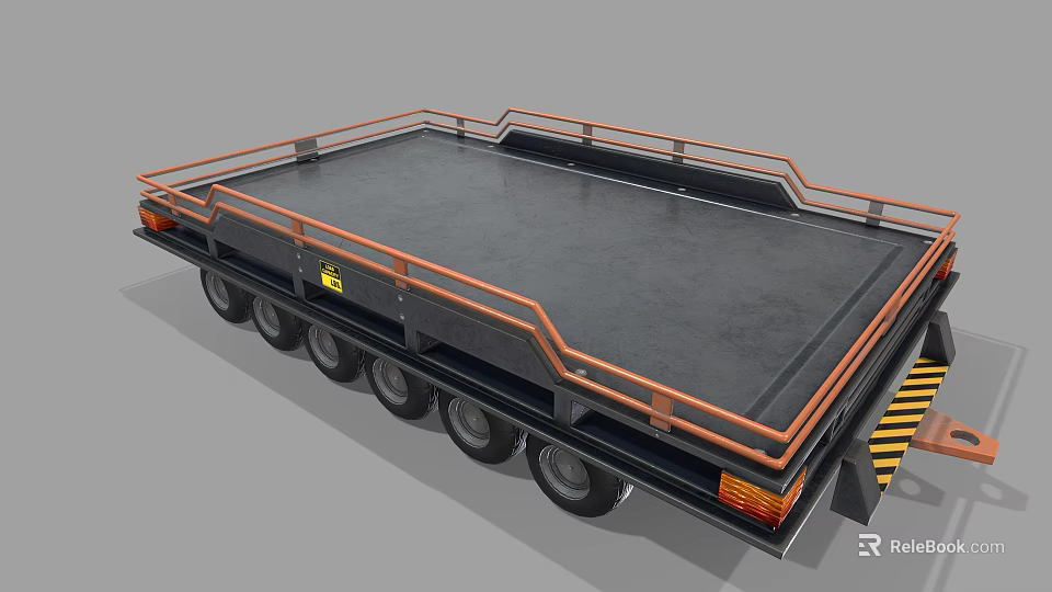 Functional Flatbed Trailer with Multiple Wheels Black Flatbed Orange Railings and Warning Stripes 3d model