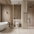 Modern Wood Accented Bathroom With Freestanding Bathtub Toilet Glass Shower