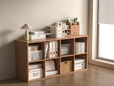 Modern Wooden Bookshelf With Books File Folders Storage Boxes Small Plant And Table Lamp 3d model