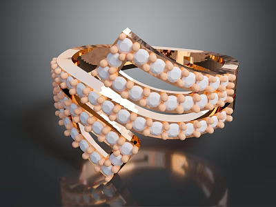 Elegant Gold Ring With Curved Bands White Gemstones And Small Beads 3d model
