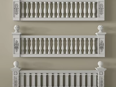 White Ornate Railings with Spherical Finials and Various Classic Architectural Designs 3d model