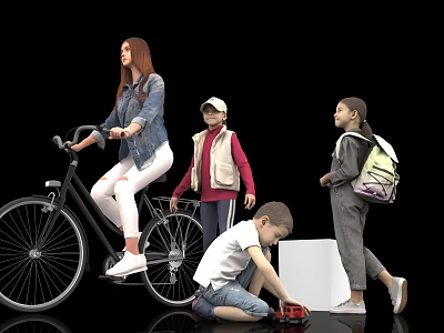 Group of People Including Woman Riding Bicycle and Children with Backpack Cap and Toy Car 3d model