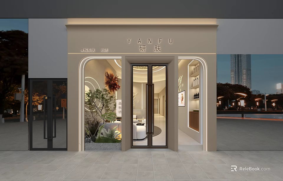 YANFU Storefront Facade Featuring Arched Design Glass Doors Decorative Plants Lighting And Display Windows 3d model 