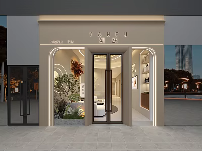 YANFU Storefront Facade Featuring Arched Design Glass Doors Decorative Plants Lighting And Display Windows 3d model