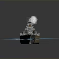 Detailed Naval Battleship Model Sailing On Blue Water Surface Emitting Smoke