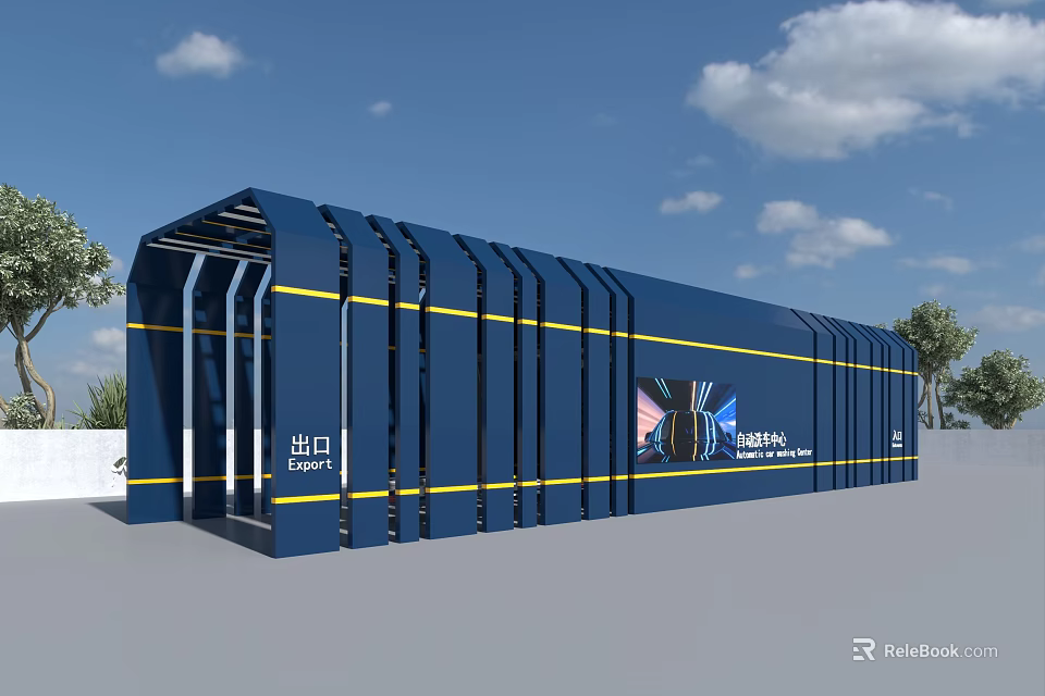 Blue Mobile Building With Yellow Stripes And VANDA Logo Near Trees Under Blue Sky 3d model 