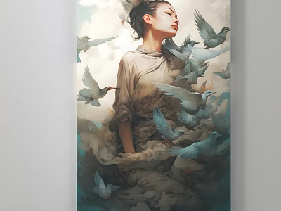 Serene Female Figure Painting With Flowing Attire Fluttering Doves And Cloudy Background 3d model