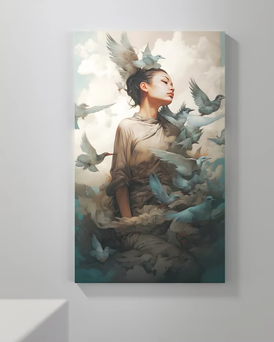 Serene Female Figure Painting With Flowing Attire Fluttering Doves And Cloudy Background 3d model