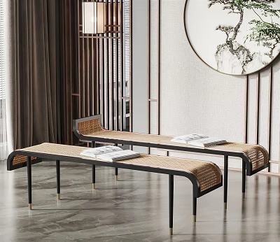 Modern Chinese Style Rattan Sofa Bench With Round Decorative Painting And Wooden Screen 3d model