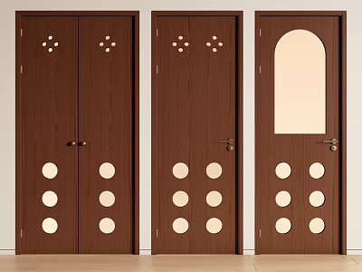 Wooden Double Doors Interior Design With Circular Patterns And Floral Accents 3d model