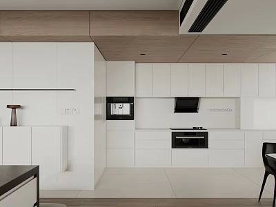 Modern Kitchen Interior With Open Concept White Cabinets Wooden Elements And Appliances 3d model