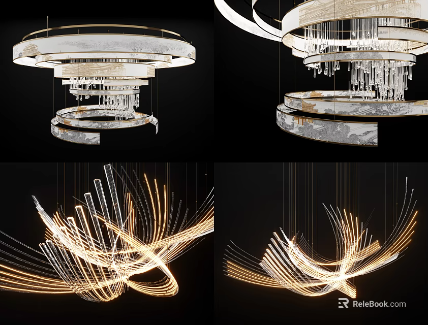 Elegant Modern Chandelier Design With Crystal Elements And Curved Metal Frame For Living Room 3d model 
