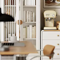 Cozy Study Room Interior With White Glass Door Cabinet Wooden Desk Chair And Potted Plant