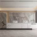 Modern Reception Desk With Marble Surface Sculpture Green Plant Two Computers And City View