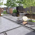 Elegant Courtyard Garden With Outdoor Dining Table Chairs Lilac Flowers Green Plants And Pergola