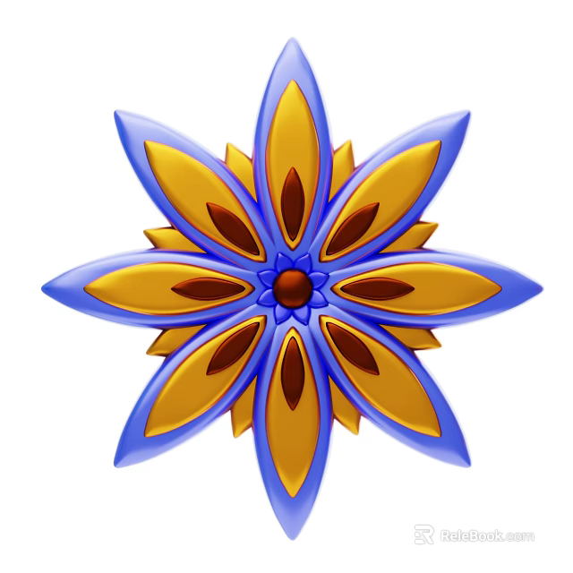Flower Shaped Decorative Ornament Set With Blue Yellow Petals And Red Center 3d model 