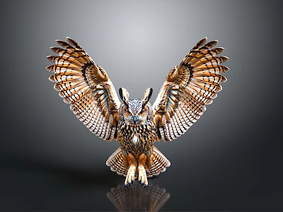Owl With Spread Wings And Detailed Brown Gold Feathers On Dark Background 3d model