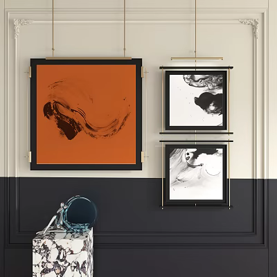 Modern Interior With Framed Abstract Paintings Orange And Black White Hanging On Wall 3d model