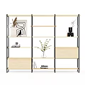 Modern Bookcase With Open Wooden Shelves Black Metal Frame And Decorative Items