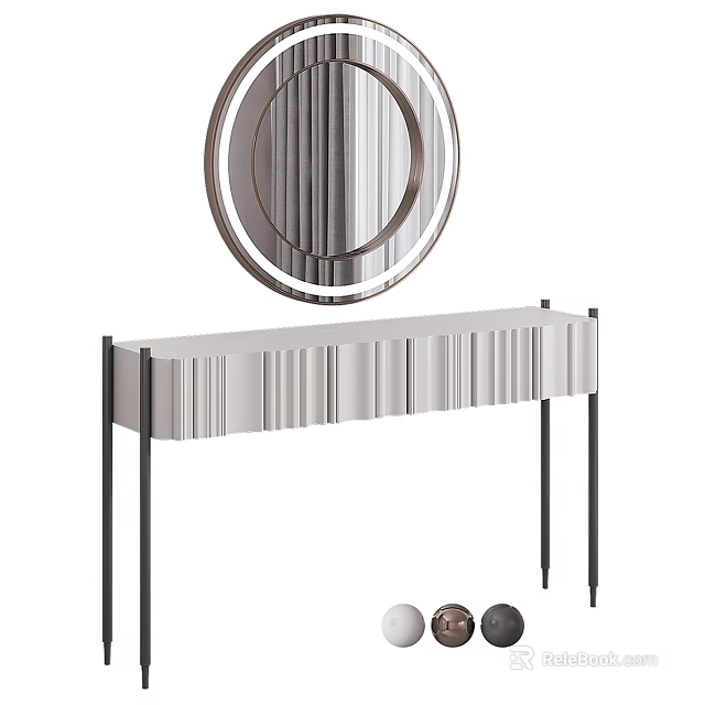 Modern Dressing Table With Round Mirror Sleek Surface Metal Frame Black Slim Legs 3d model