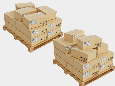 Two Stacks of Cardboard Boxes on Wooden Pallets with Shipping Labels 3d model