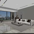 Modern Living and Dining Room With TV Wall Light Sofa And Floor to Ceiling Windows