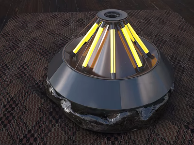Modern Black Fire Pit With Yellow Flames And Round Metal Design On Woven Carpet 3d model