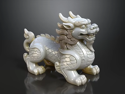 Chinese Traditional Ornament Decoration Set With White Jade Qilin Statue And Intricate Carvings 3d model