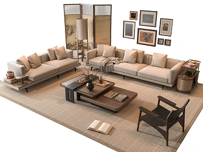 Modern Beige Sofa And Coffee Table Set With Room Divider Wall Art And Floor Lamp 3d model