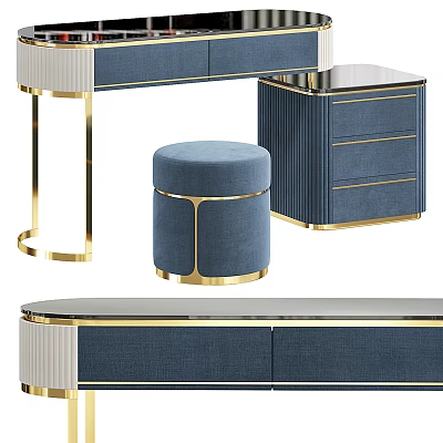 Modern Blue Dressing Table With Gold Accents Drawers And Matching Stool Design 3d model