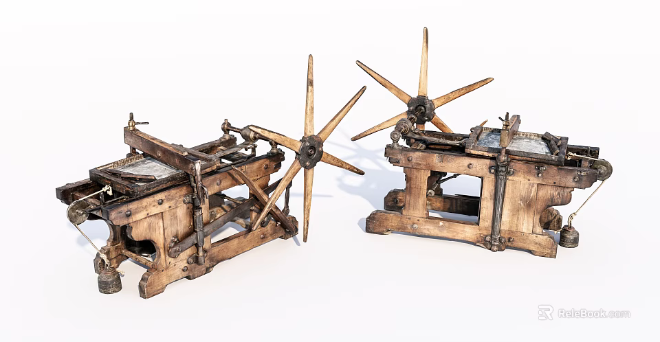 Vintage Wooden Industrial Equipment With Spoked Gear Wheels And Rustic Metal Accents 3d model 