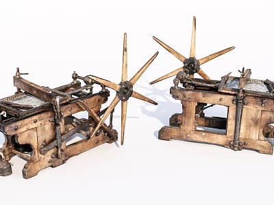 Vintage Wooden Industrial Equipment With Spoked Gear Wheels And Rustic Metal Accents 3d model