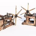 Vintage Wooden Industrial Equipment With Spoked Gear Wheels And Rustic Metal Accents